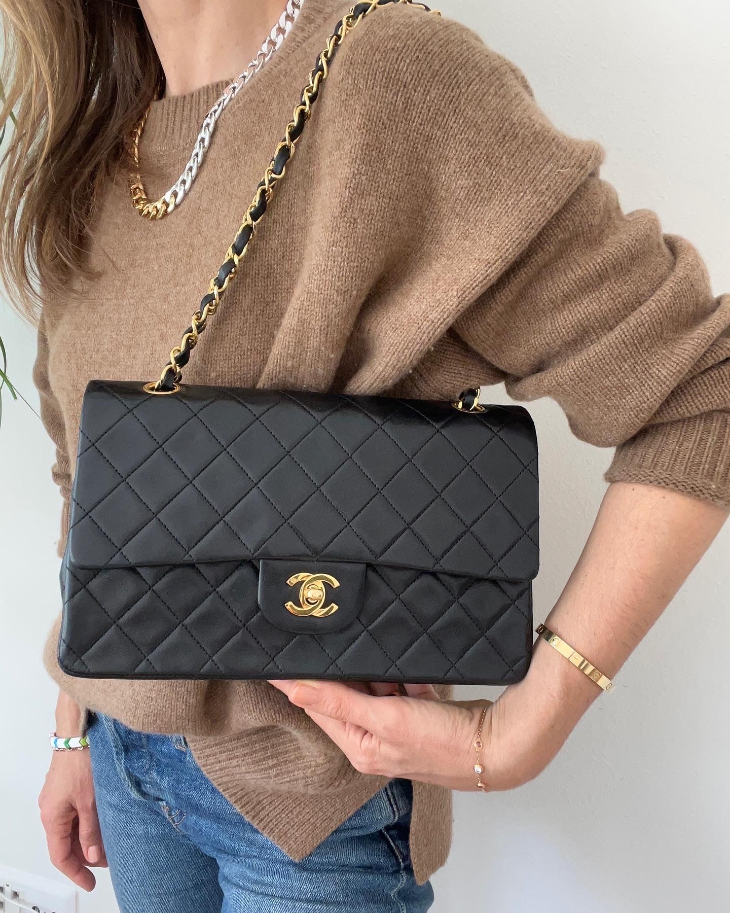 Medium Classic Double Flap Bag in Black Lambskin