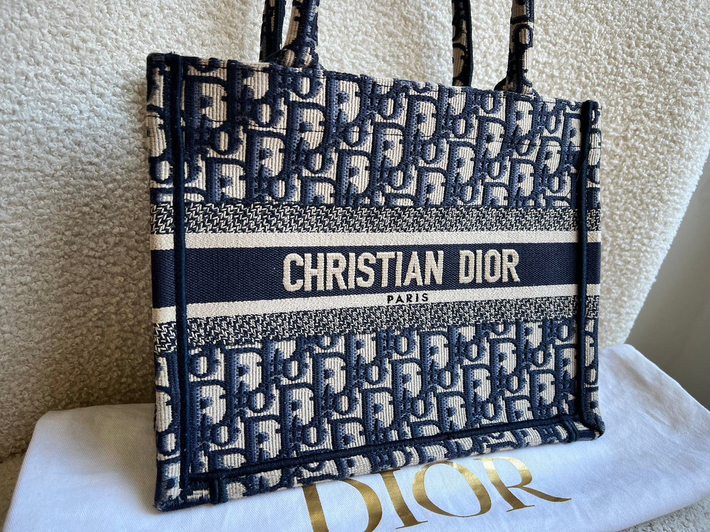 Christian Dior Small Book Tote in Ecru and Blue Dior Oblique Embroidery (RRP £2500)