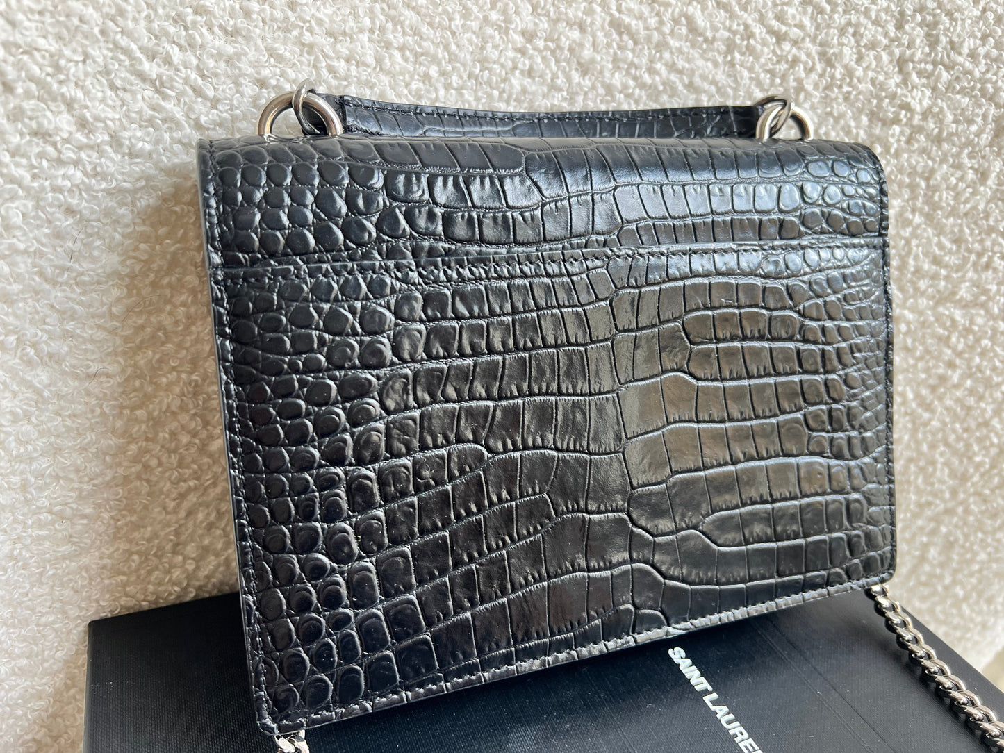 Yves Saint Laurent (YSL) Black Croc Mini Sunset Top Handle (RRP £1,445)