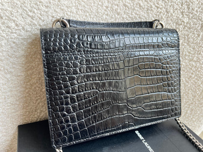 Yves Saint Laurent (YSL) Black Croc Mini Sunset Top Handle (RRP £1,445)
