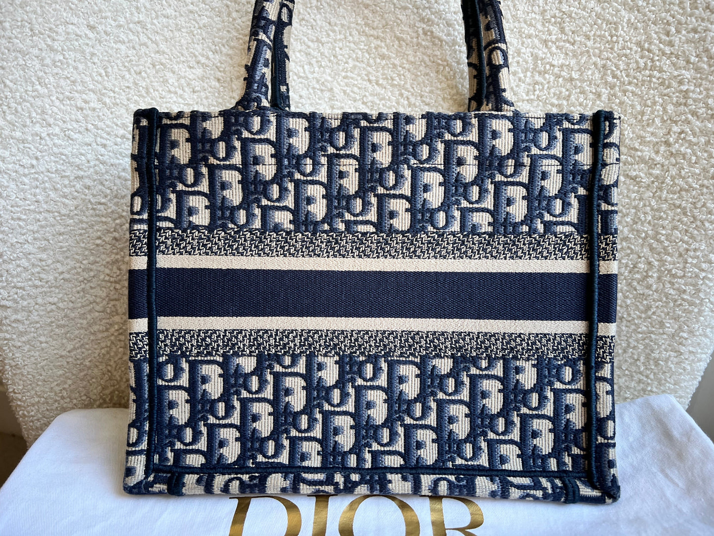 Christian Dior Small Book Tote in Ecru and Blue Dior Oblique Embroidery (RRP £2500)