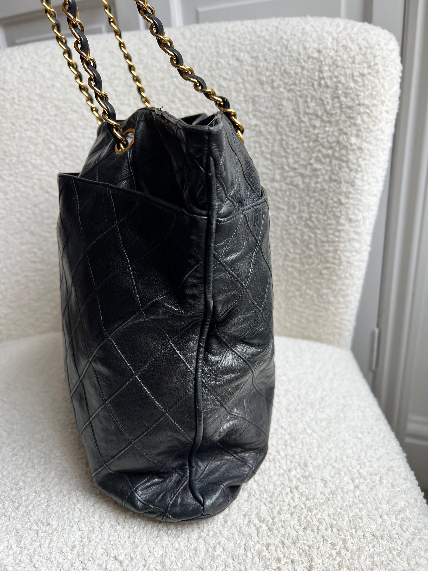 Chanel Vintage Black Lambskin Chain Tote with Gold Hardware