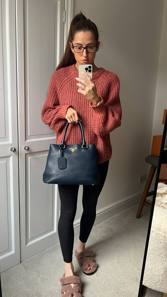 Prada Blue Vitello Daino Two Way Tote