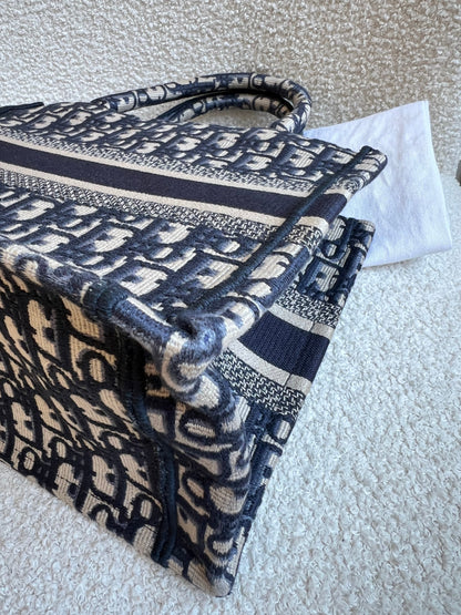 Christian Dior Small Book Tote in Ecru and Blue Dior Oblique Embroidery (RRP £2500)
