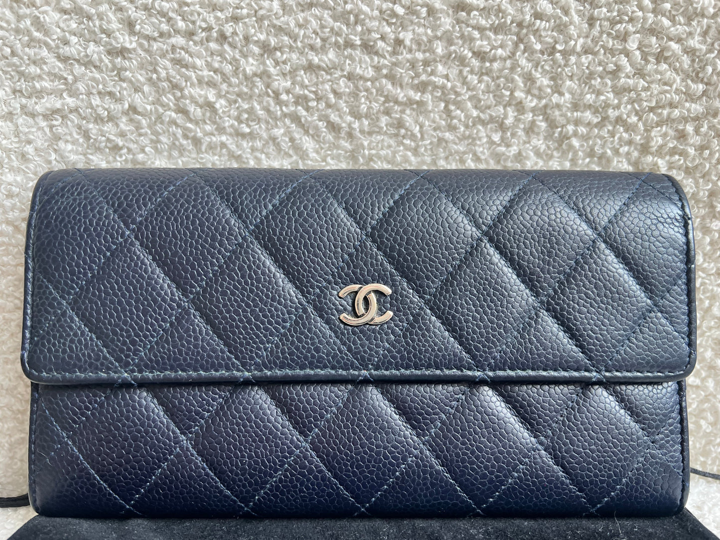 Chanel Navy Caviar Flap Wallet with silver Hardware