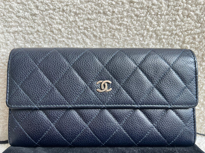 Chanel Navy Caviar Flap Wallet with silver Hardware