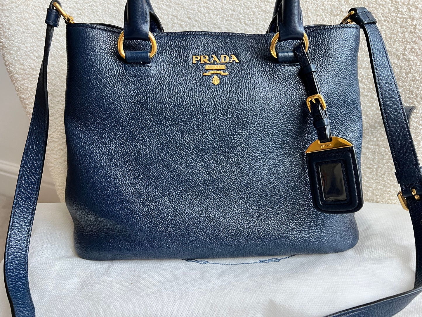 Prada Blue Vitello Daino Two Way Tote
