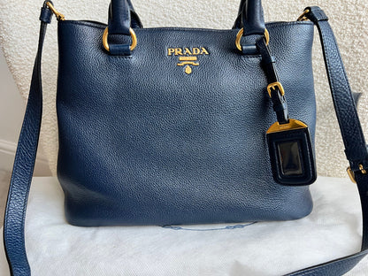 Prada Blue Vitello Daino Two Way Tote
