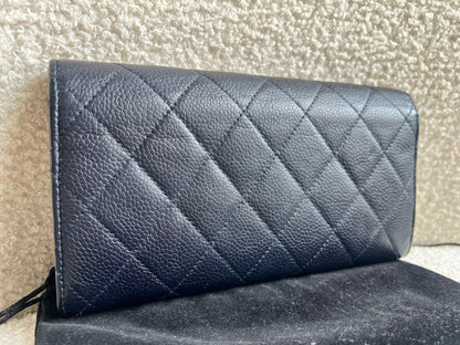 Chanel Navy Caviar Flap Wallet with silver Hardware