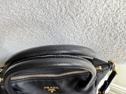Prada Black Vitello Daino Leather Sacca 2 Manici Hobo Bag