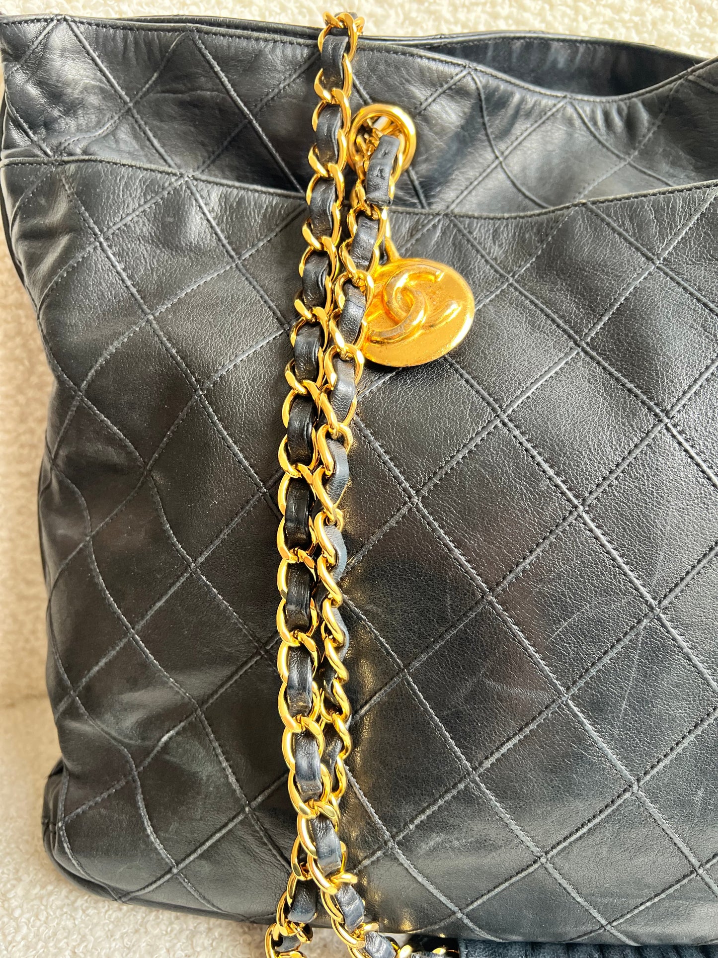 Chanel Vintage Black Lambskin Chain Tote with Gold Hardware