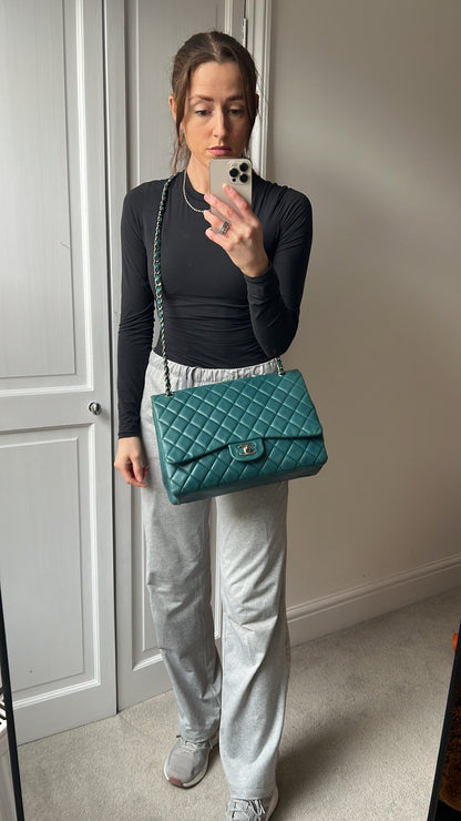 Chanel Maxi Single Flap in Teal Lambskin Silver Hardware