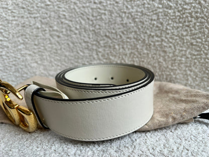 Gucci GG Marmont White Wide Leather Belt with Shiny Gold Buckle (RRP £410)