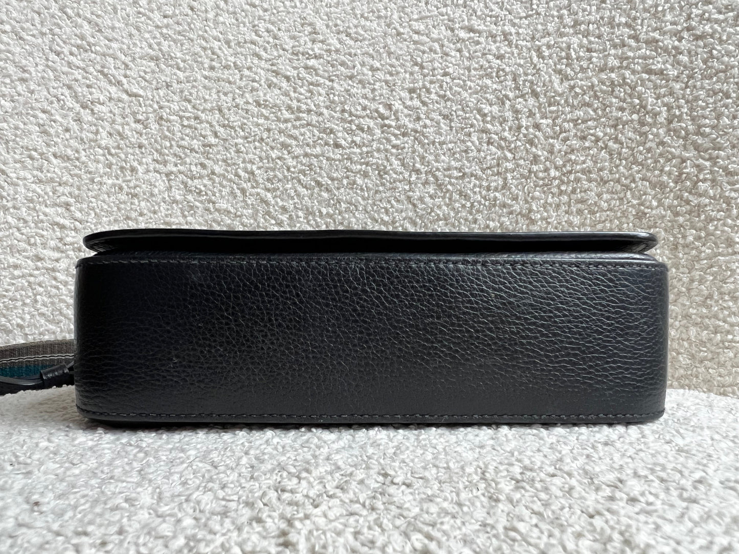 Prada Vitello Phoenix Black Small Leather Crossbody Bag Web Stripe Strap