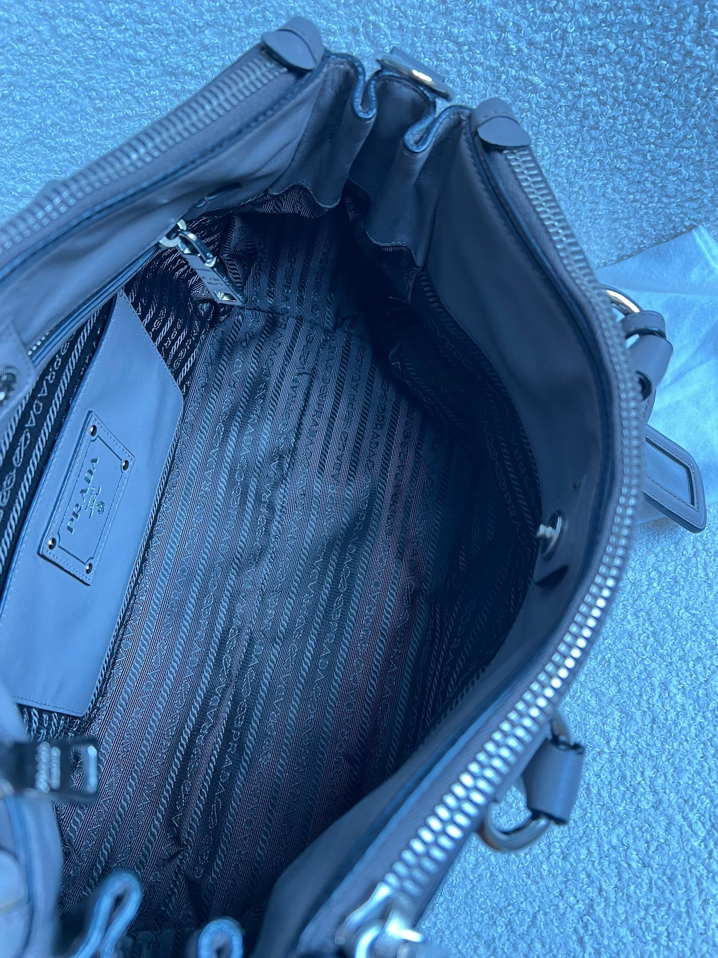 Prada Grey Double Zip Two Way Tote in Grey Soft Calf