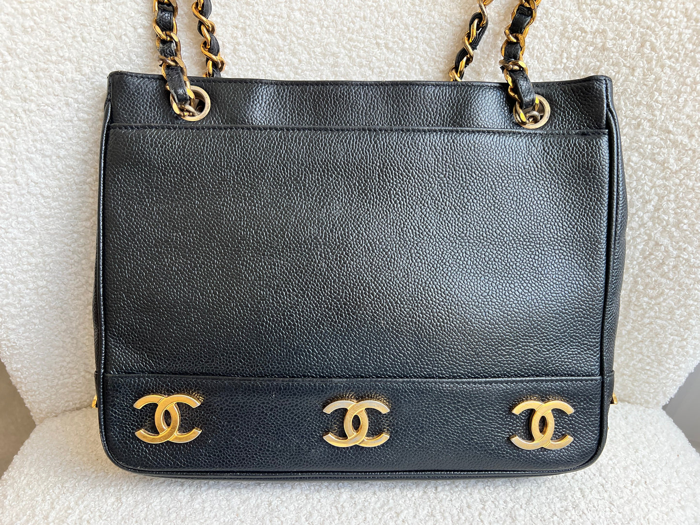 Chanel Vintage Black Caviar Chain Tote with 24k Gold Hardware