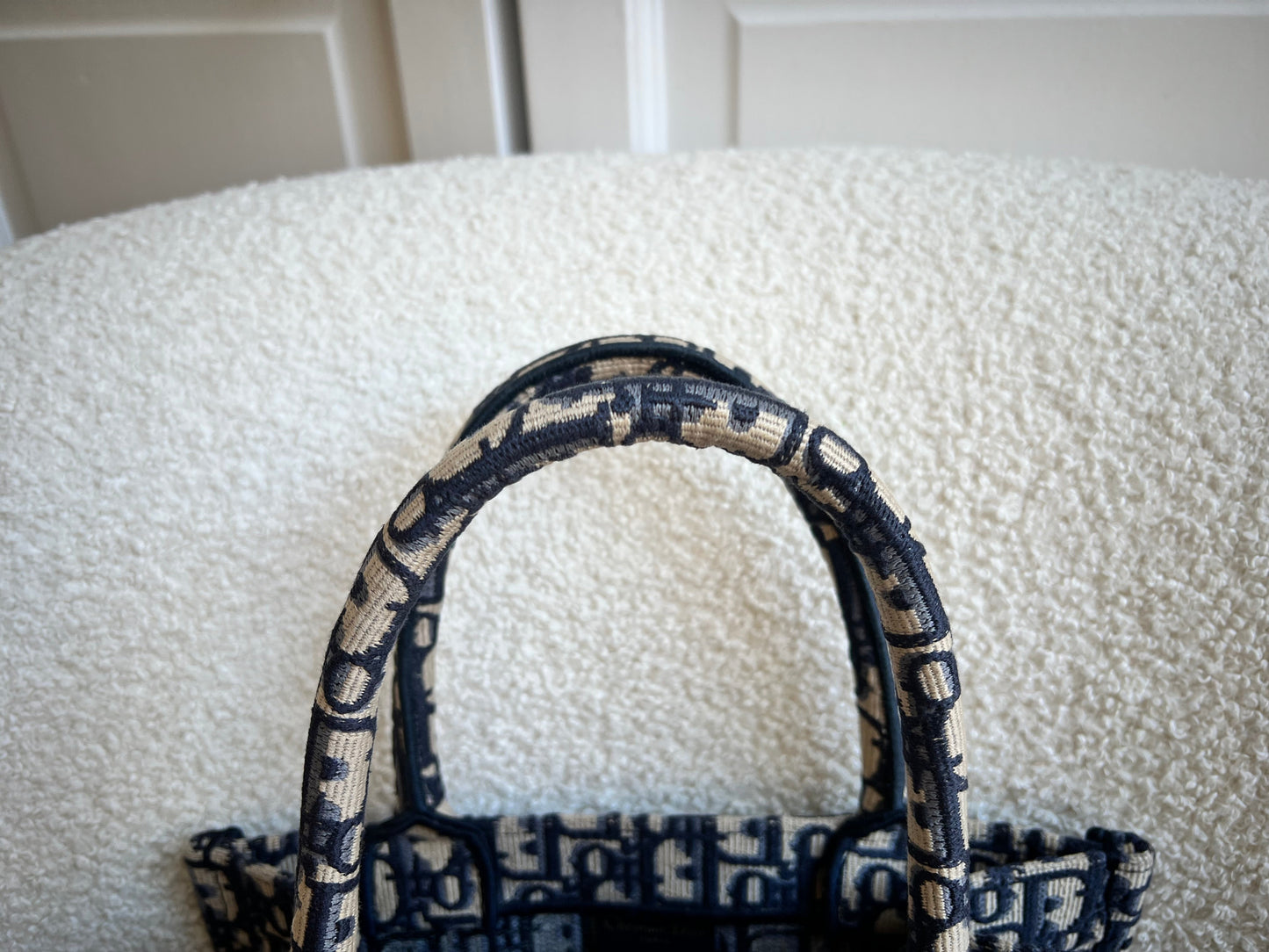 Christian Dior Small Book Tote in Ecru and Blue Dior Oblique Embroidery (RRP £2500)