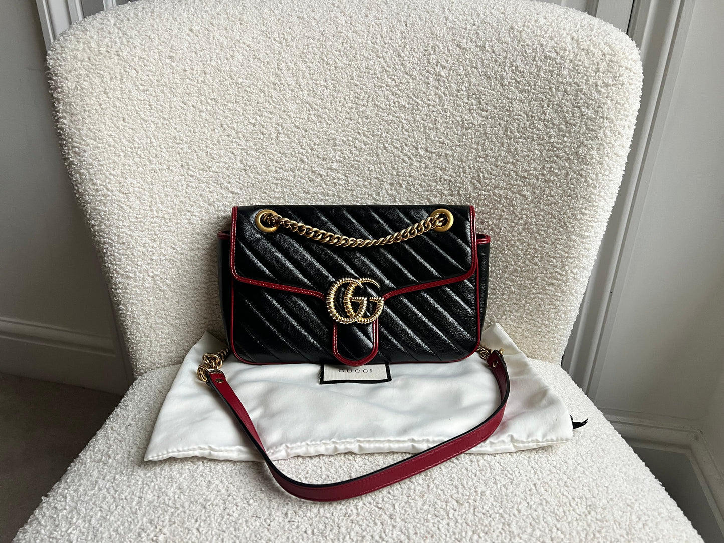 Gucci GG Black and Red Torchon Marmont Small Shoulder Bag