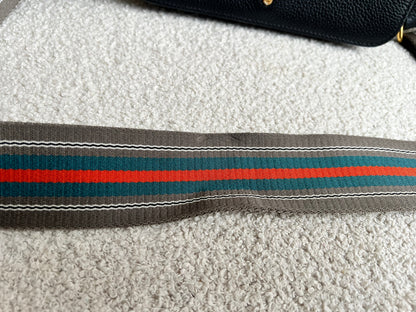 Prada Vitello Phoenix Black Small Leather Crossbody Bag Web Stripe Strap