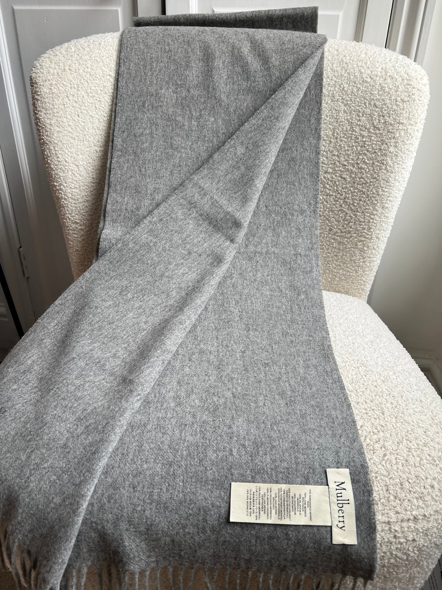 Mulberry Solid Grey Merino Wool Scarf (RRP £135)