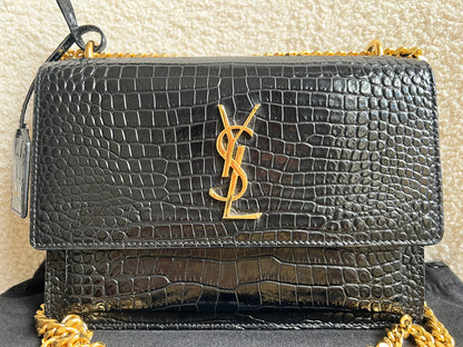 Yves Saint Laurent (YSL) Black Croc Medium Sunset with Gold Hardware (RRP £2,230)