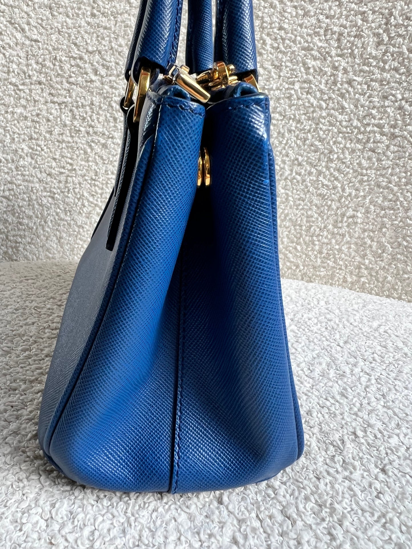 Prada Blue Saffiano Lux Leather Micro Double Zip Tote