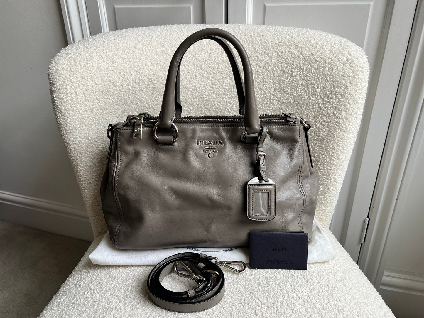 Prada Grey Double Zip Two Way Tote in Grey Soft Calf