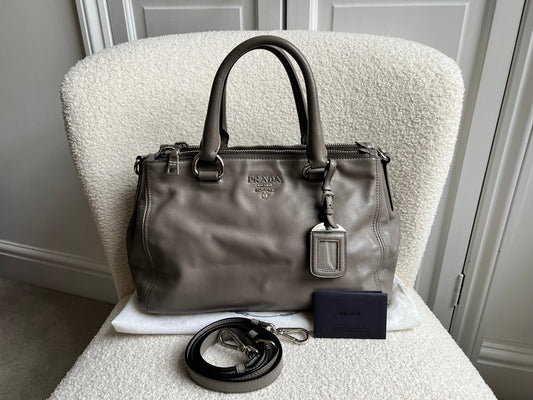 Prada Grey Double Zip Two Way Tote in Grey Soft Calf