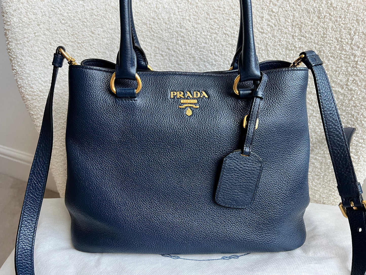 Prada Blue Vitello Daino Two Way Tote