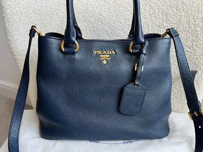 Prada Blue Vitello Daino Two Way Tote