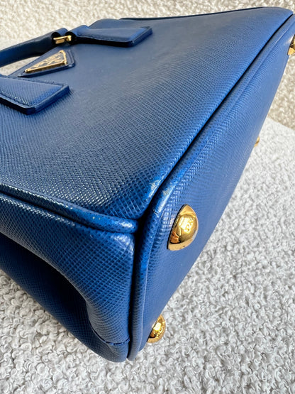 Prada Blue Saffiano Lux Leather Micro Double Zip Tote