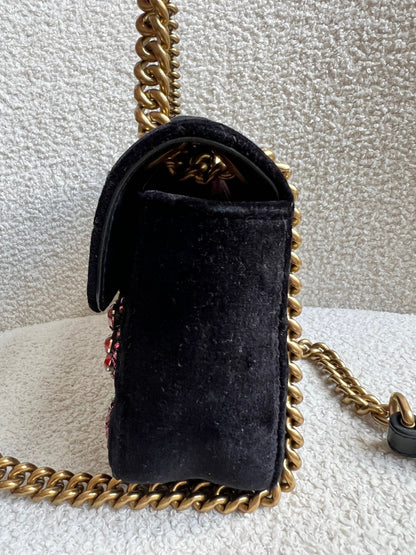 Gucci GG Black Velvet Embellished Marmont Mini Shoulder Bag