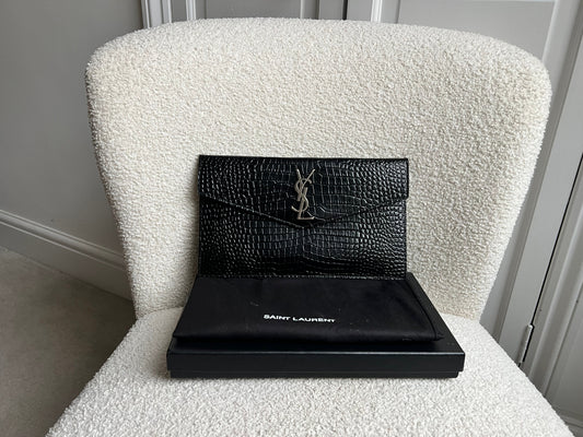 Yves Saint Laurent (YSL) Black Croc Uptown Pouch Clutch (RRP £580)