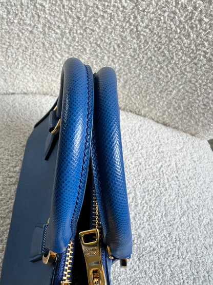 Prada Blue Saffiano Lux Leather Micro Double Zip Tote