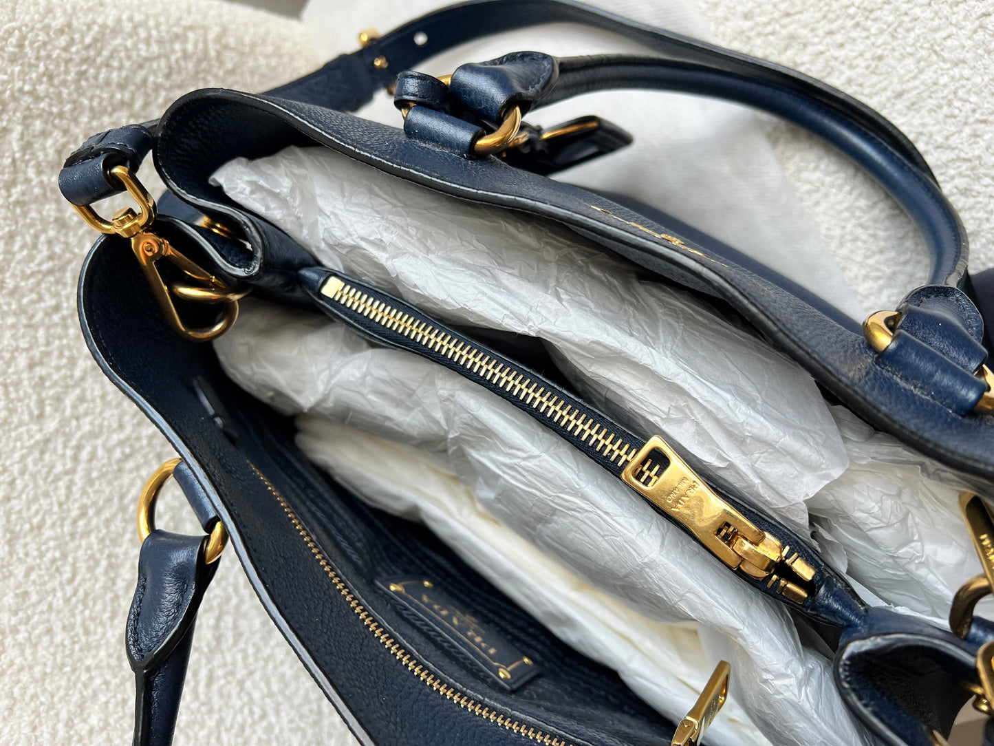 Prada Blue Vitello Daino Two Way Tote