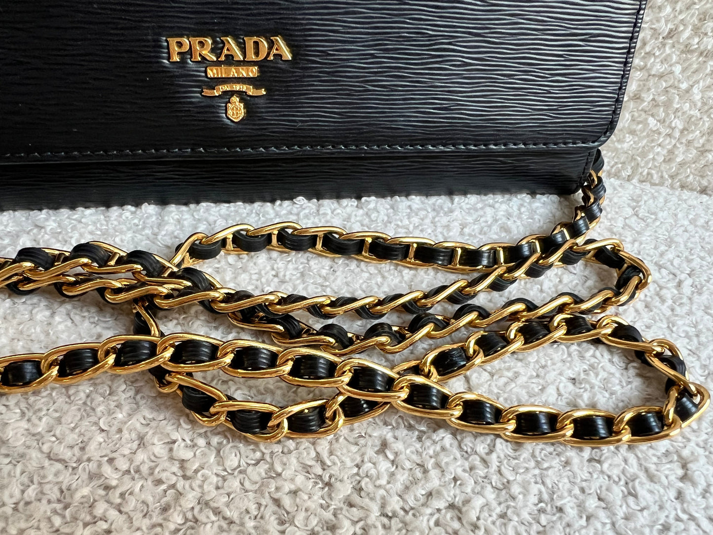 Prada Black Saffiano Wallet on Chain with Gold Hardware
