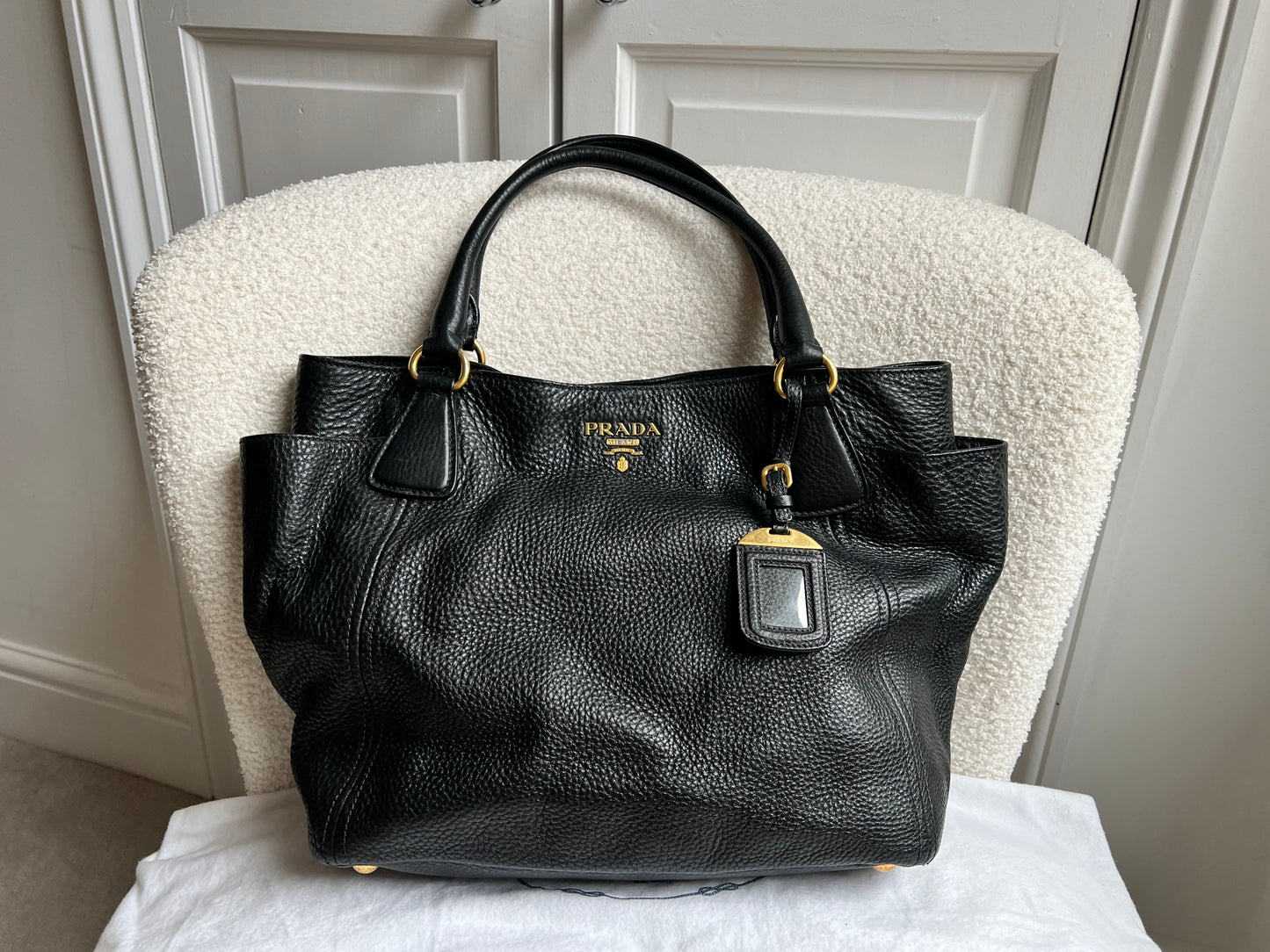 Prada Black Vitello Daino Side Pocket Tote