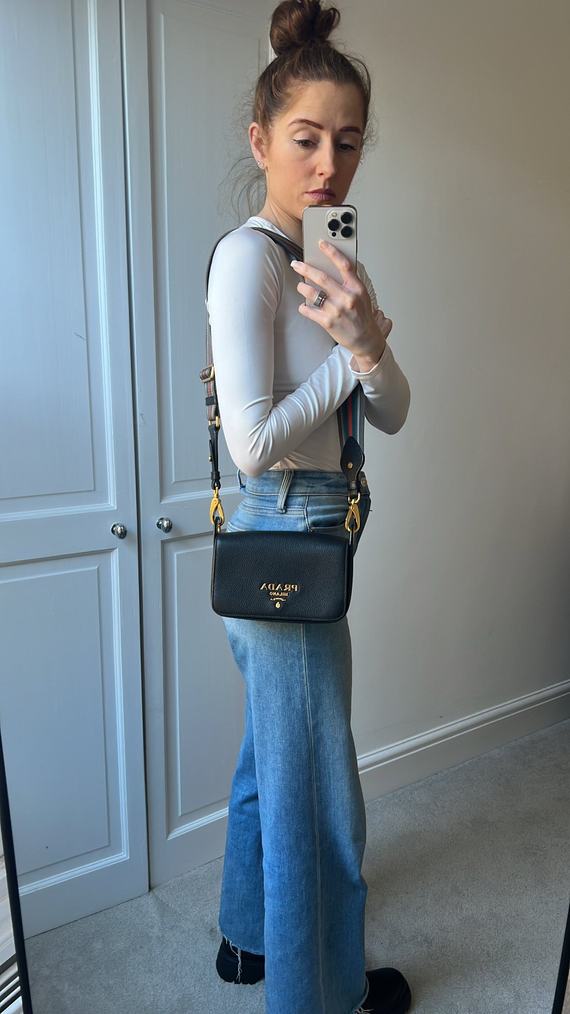 Prada Vitello Phoenix Black Small Leather Crossbody Bag Web Stripe Strap