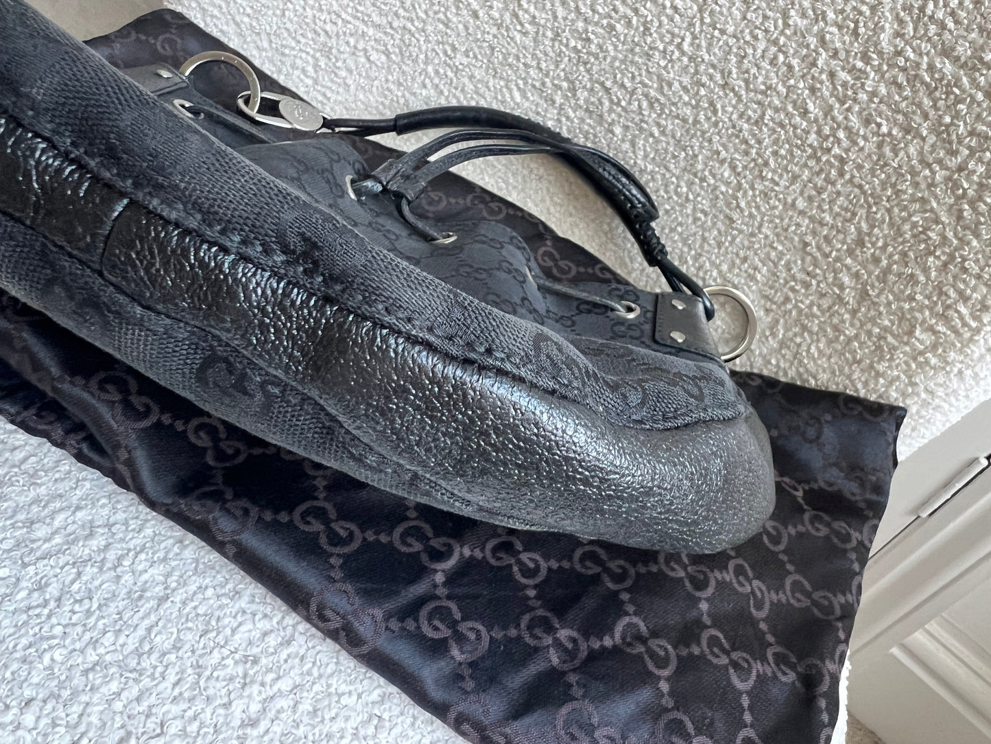 Gucci Black GG Canvas Drawstring Shoulder Bag
