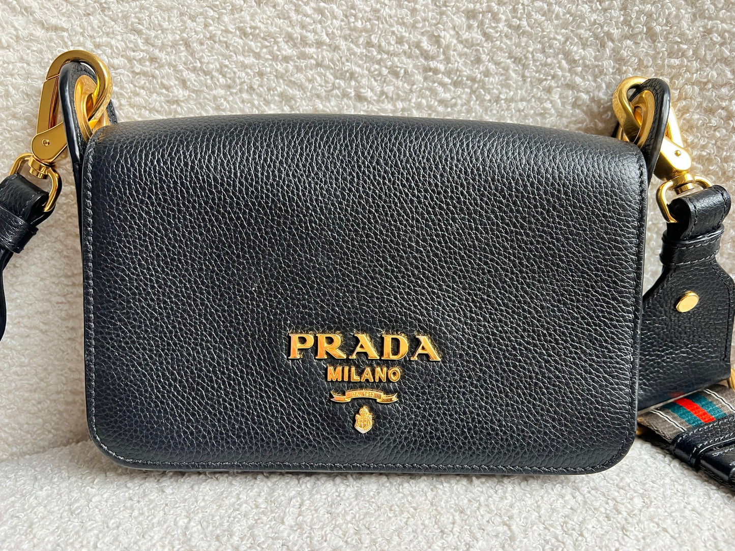 Prada Vitello Phoenix Black Small Leather Crossbody Bag Web Stripe Strap