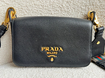 Prada Vitello Phoenix Black Small Leather Crossbody Bag Web Stripe Strap