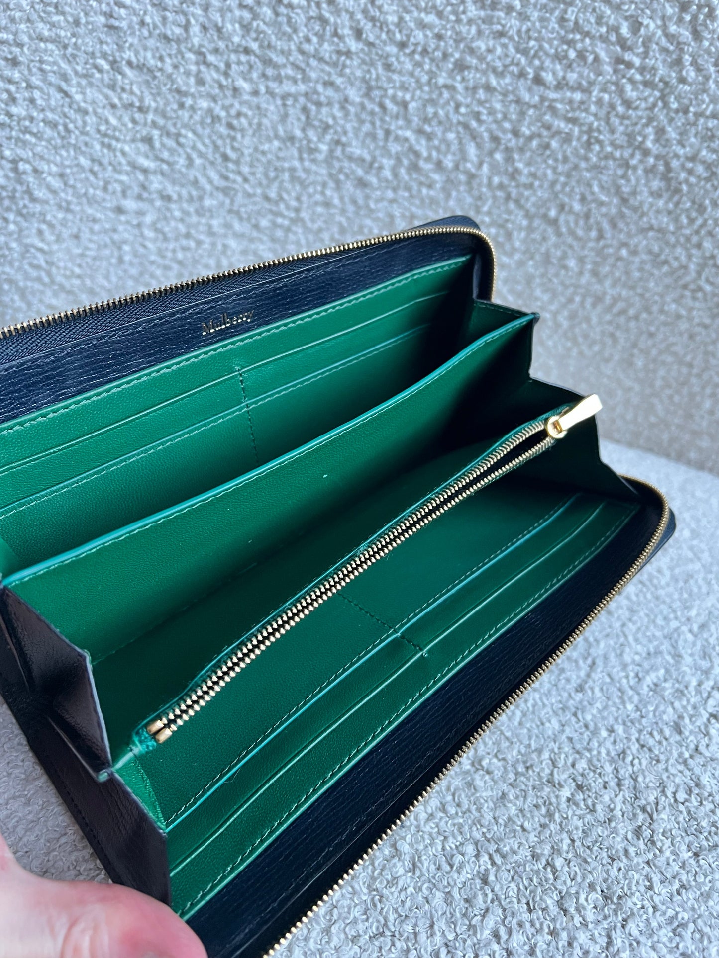 Mulberry Medium Part Around Zip Wallet in Navy and Emerald Printed Goat