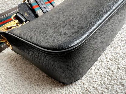 Prada Vitello Phoenix Black Small Leather Crossbody Bag Web Stripe Strap