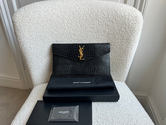 Yves Saint Laurent (YSL) Black Croc Uptown Pouch Clutch (RRP £580)