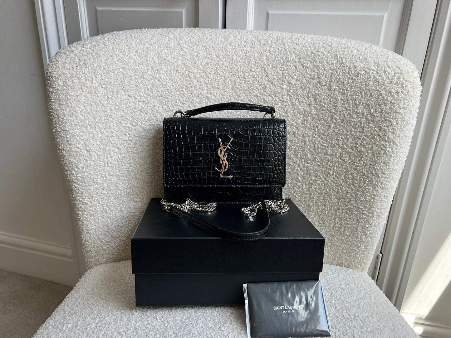 Yves Saint Laurent (YSL) Black Croc Mini Sunset Top Handle (RRP £1,445)