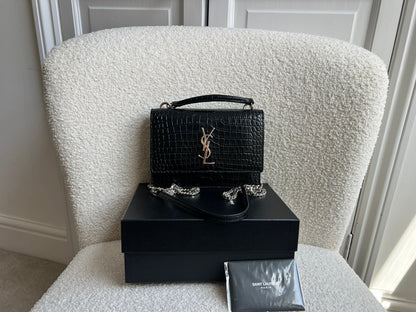 Yves Saint Laurent (YSL) Black Croc Mini Sunset Top Handle (RRP £1,445)