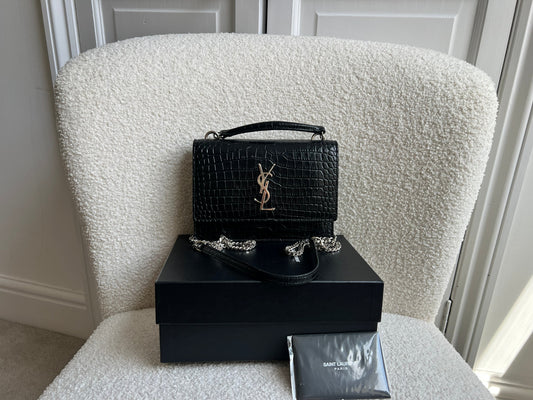 Yves Saint Laurent (YSL) Black Croc Mini Sunset Top Handle (RRP £1,445)