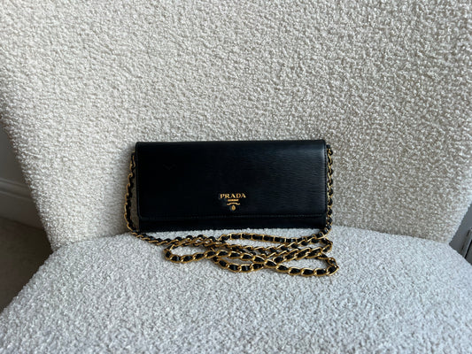 Prada Black Saffiano Wallet on Chain with Gold Hardware