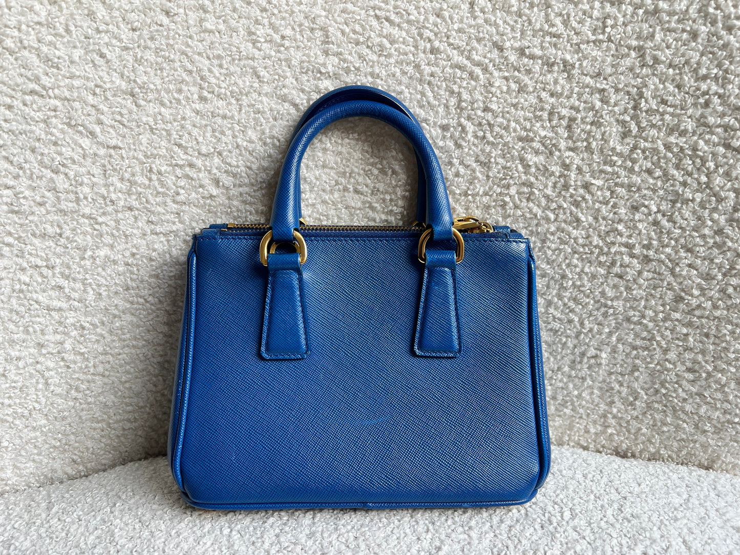 Prada Blue Saffiano Lux Leather Micro Double Zip Tote