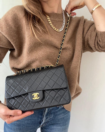 Medium Classic Double Flap Bag in Black Lambskin
